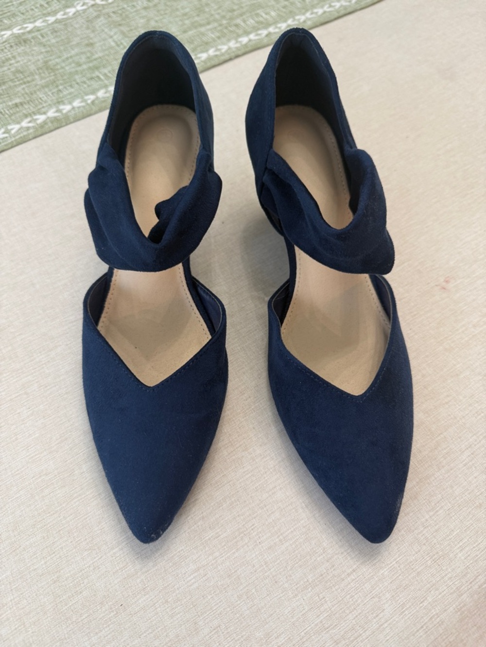 Pointed Navy Suede Ankle-Strap Heels